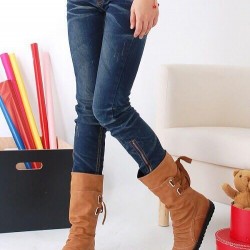 2021 Casual Big Size Pure Color Lace Up Mid Calf Flat Knight Boots