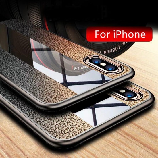 Phone Case - Luxury Litchi Leather + Glass + Soft TPU Frame Case For iPhone X/XR/XS/XS Max 8 7 6S 6/Plus