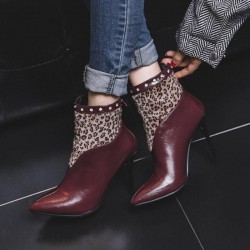 Womens Leopard Rivet Pointed Toe High-Heel Ankle Boots