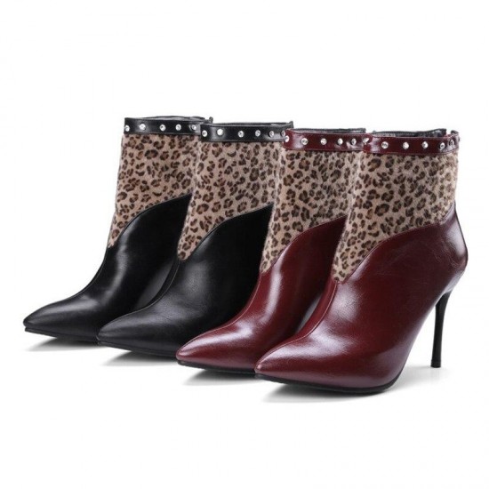Womens Leopard Rivet Pointed Toe High-Heel Ankle Boots