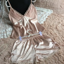 Clothing -  Women Sexy Deep V-neck Sleeveless Silk Lace Top With Shorts Sleepwear Set