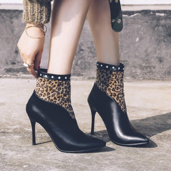 Womens Leopard Rivet Pointed Toe High-Heel Ankle Boots