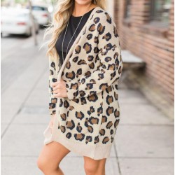 Women's Clothing - Collarless Flap Pocket Leopard Printed Outerwear