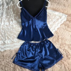 Clothing -  Women Sexy Deep V-neck Sleeveless Silk Lace Top With Shorts Sleepwear Set