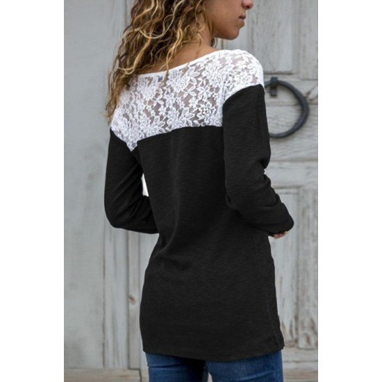 Women's clothing - Round Neck Lace Patchwork T-Shirts