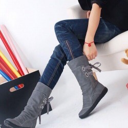 2021 Casual Big Size Pure Color Lace Up Mid Calf Flat Knight Boots