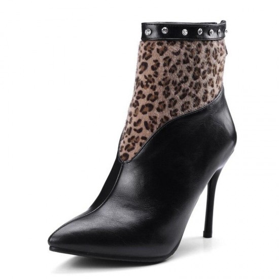 Womens Leopard Rivet Pointed Toe High-Heel Ankle Boots